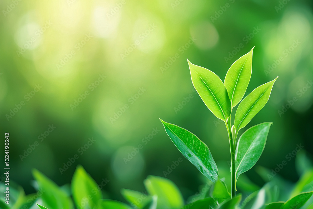 Obraz premium Fresh green leaves with sunlight in vibrant natural setting