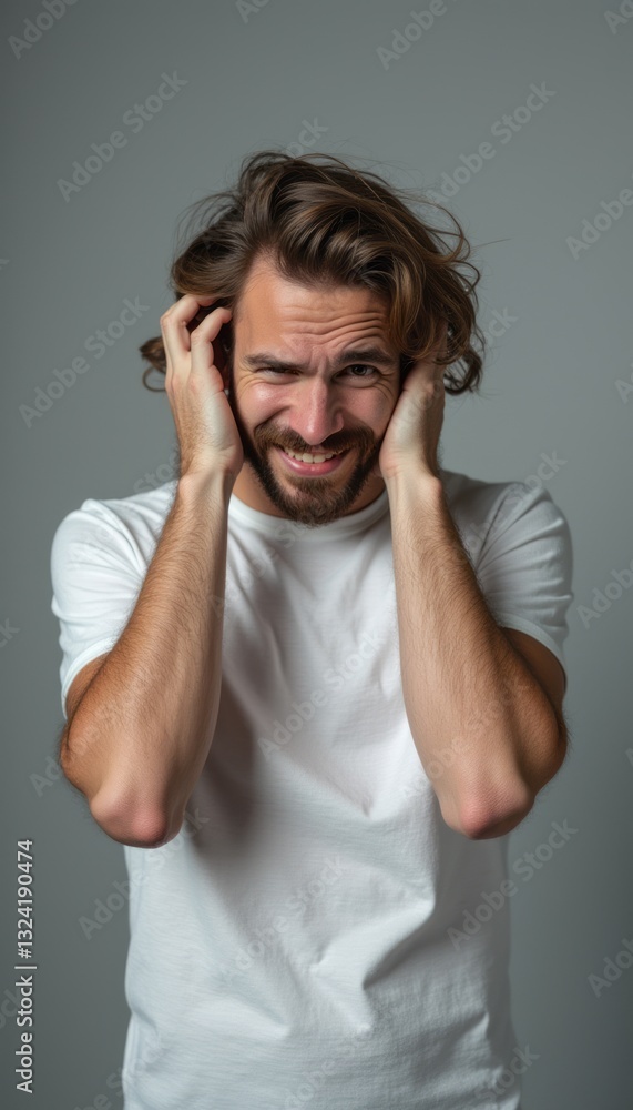 A young man with tousled hair and a beard is grimacing, covering his ears with both hands, conveying a sense of frustration or distress. The neutral gray background enhances the emotional intensity of A young man with tousled hair and a beard is grimacing, covering his ears with both hands, conveying a sense of frustration or distress. The neutral gray background enhances the emotional intensity of