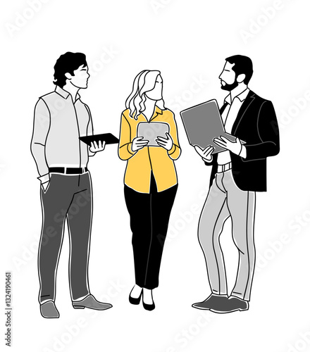 Team work business concept illustration. Young business men and woman standing together, talking, discussing. Modern vector simple outline drawing for graphic, web design Isolated