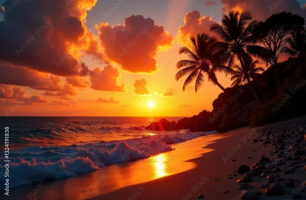 Captivating sunset over the ocean with palm trees reflecting in the waves Captivating sunset over the ocean with palm trees reflecting in the waves