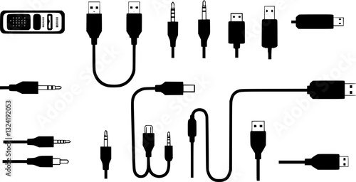 USB cable port icon set. USB type C, A, lightning and micro-usb mobile phone charger vector illustration collection. Plug adapter symbol. Electronic device connector. Smartphone charger sign.