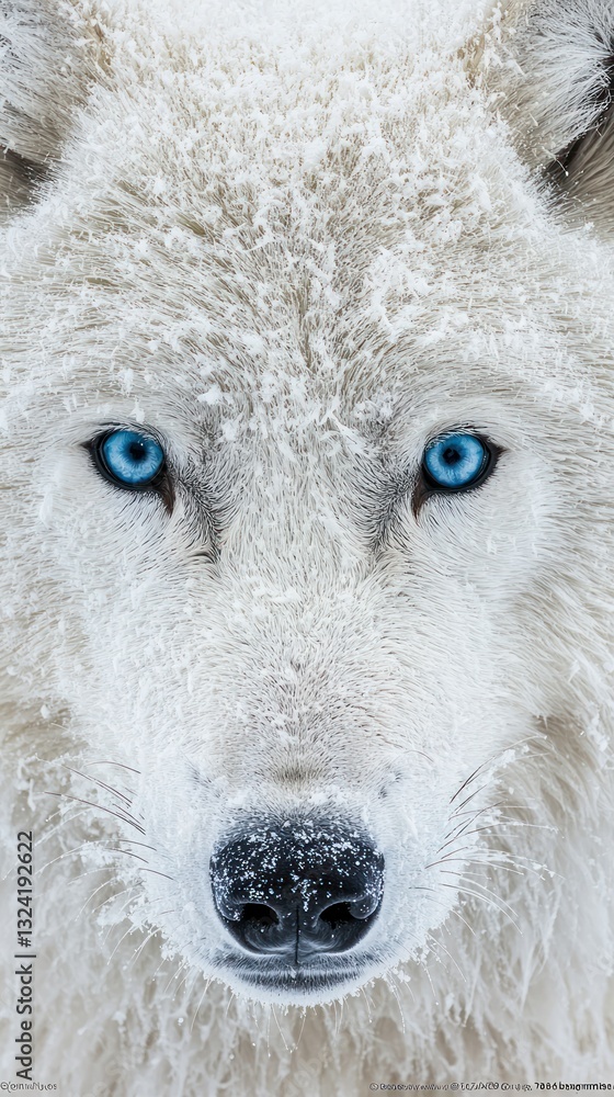 Obraz premium Close-up of a white wolf with striking blue eyes, fur covered in snow