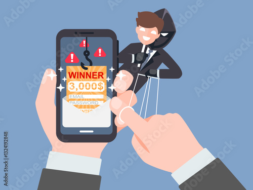 Thief Hacker trick you into winning a reward or Invest to earn returns. Fraud scam and steal private data on devices. vector illustration flat design for cyber criminal awareness concept.
