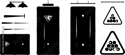Billiards table silhouette, pool cues, rack of balls, geometric shapes, hanging lamps, minimalist design, high contrast black and white, top-down view, game room illustration, sports equipment layout,