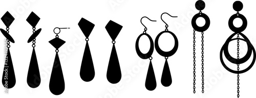 Black and white illustration, geometric earring designs, dangling jewelry, minimalist style, art deco influence, silhouette shapes, abstract forms, symmetrical patterns, fashion accessories, graphic d