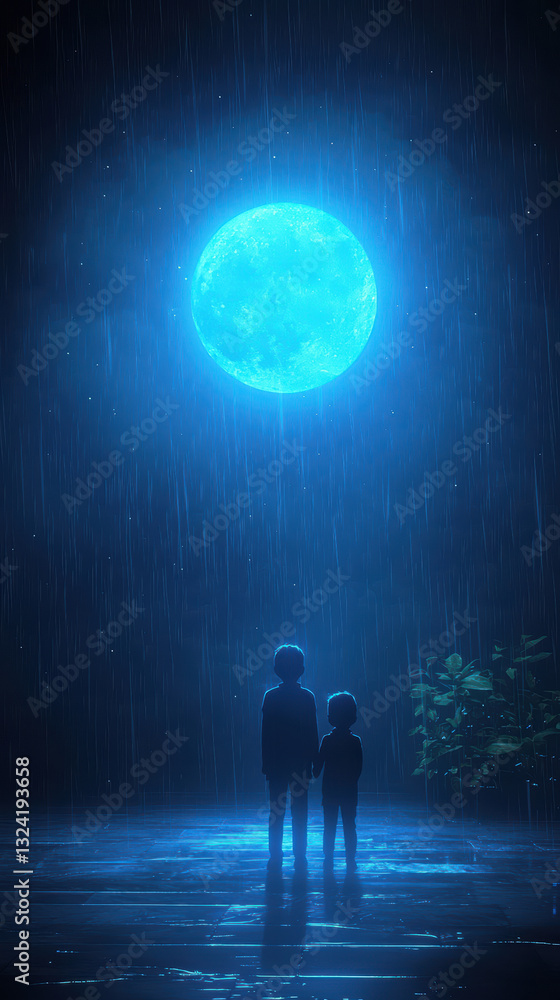 Fototapeta premium Two boy stand looking at blue moon, feel lonely in rain at night in mysterious, scary atmosphere and full moon