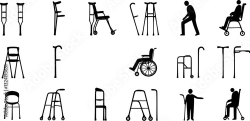 Black and white icons, minimalist chair designs, mobility aids, walking canes, crutches, wheelchair symbol, standing figures, sitting postures, assistive devices, medical equipment silhouettes, access