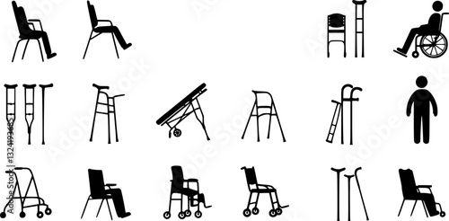 Black and white icons, minimalist chair designs, mobility aids, walking canes, crutches, wheelchair symbol, standing figures, sitting postures, assistive devices, medical equipment silhouettes, access