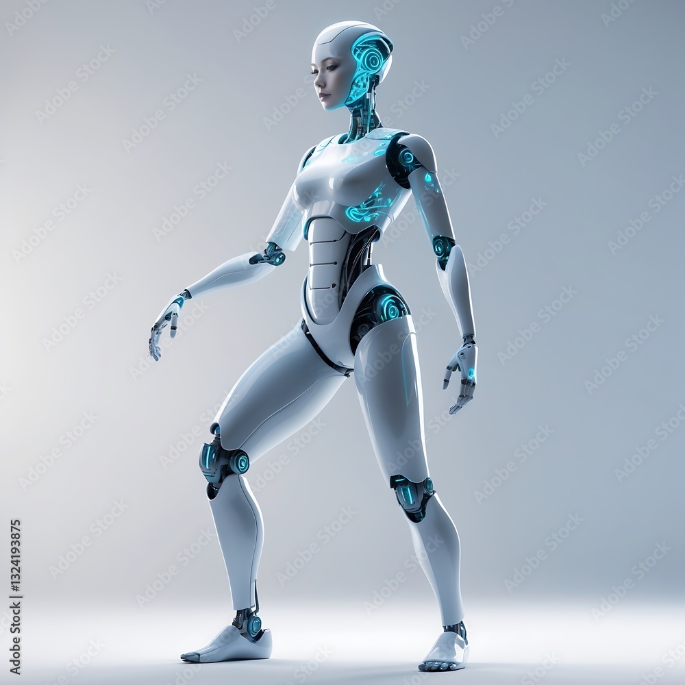 White and Black Humanoid Robot with Neon Blue Futuristic Details White and Black Humanoid Robot with Neon Blue Futuristic Details