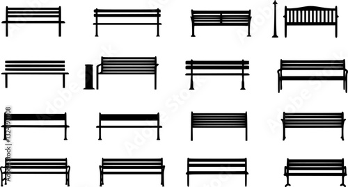 park benches, silhouettes, black and white, minimalist design, urban furniture, geometric shapes, outdoor seating, public spaces, simple lines, repetitive pattern, clean aesthetic, architectural 