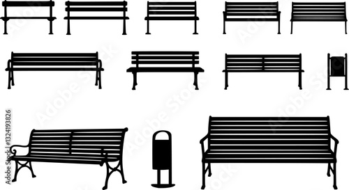 park benches, silhouettes, black and white, minimalist design, urban furniture, geometric shapes, outdoor seating, public spaces, simple lines, repetitive pattern, clean aesthetic, architectural 