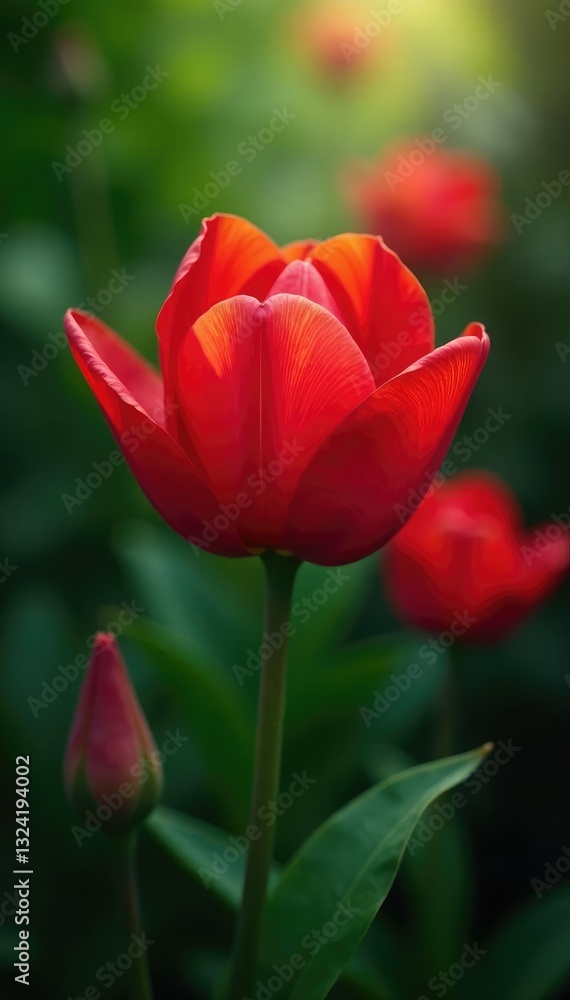 Naklejka premium Red petals unfolding in a slow, dreamlike manner, foliage, greenery, dreamy