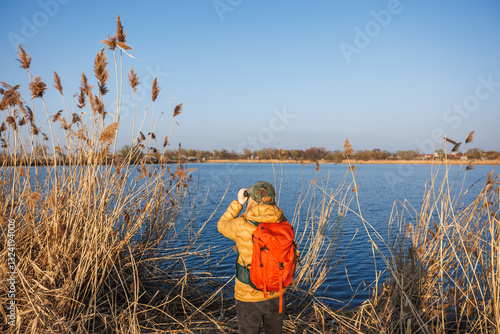 Birdwatching in natural habitat. Woman ornithologist with binoculars searching and watching water birds at lake
