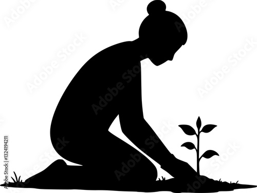 Silhouette of a person planting a tree in a garden, silhouette vector

