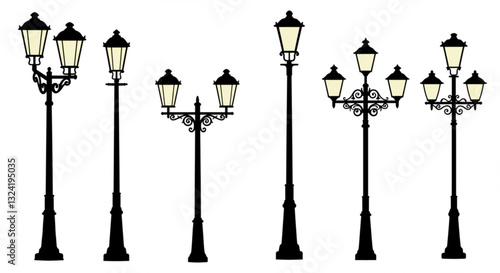 Streetlights silhouettes. Outdoor lighting lamp posts, street light poles and park illumination. Vintage lanterns and modern streetlights shapes vector set