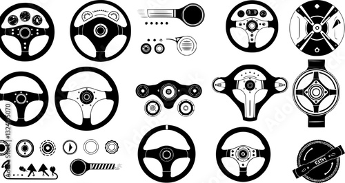 steering wheels, automotive design, black and white, vehicle controls, car interior elements, circular shapes, spoke patterns, retro and modern styles, technical drawings, silhouettes, automotive tech