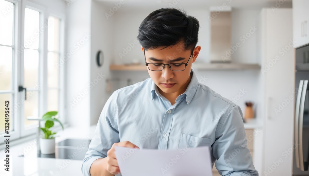 Worried Man Reviewing Bills in Modern Kitchen