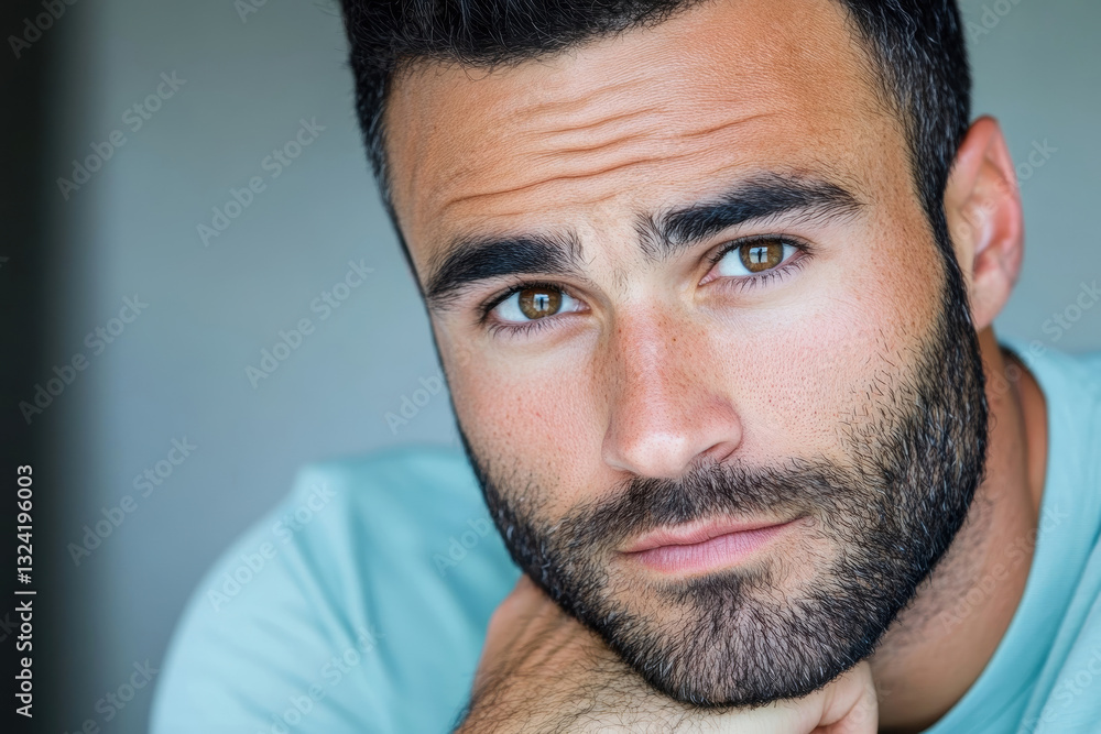 Fototapeta premium Thoughtful Young Man with Beard Posing in Casual Attire Looking Intently at Camera