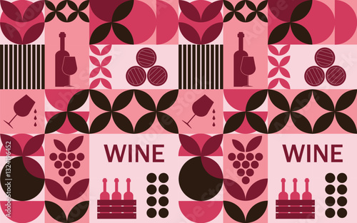 Seamless mosaic pattern on the theme of red wine with traditional icons. Trendy pattern, poster for wine, for wine menu, packaging. Vector illustration