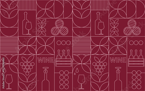 Red wine themed background with design elements in simple geometric style. Seamless trendy pattern with abstract shapes. Perfect for wine packaging design, cover design, wine menu