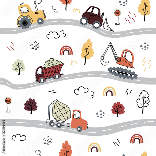 Seamless children's pattern with trucks, dump truck, concrete mixer in doodle style for boys. Vector illustration