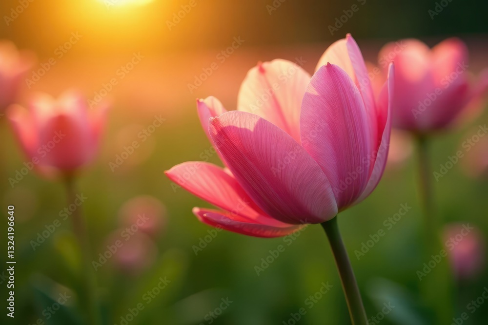 Soft pink petals unfolding in warm golden light, farm, dawn Soft pink petals unfolding in warm golden light, farm, dawn
