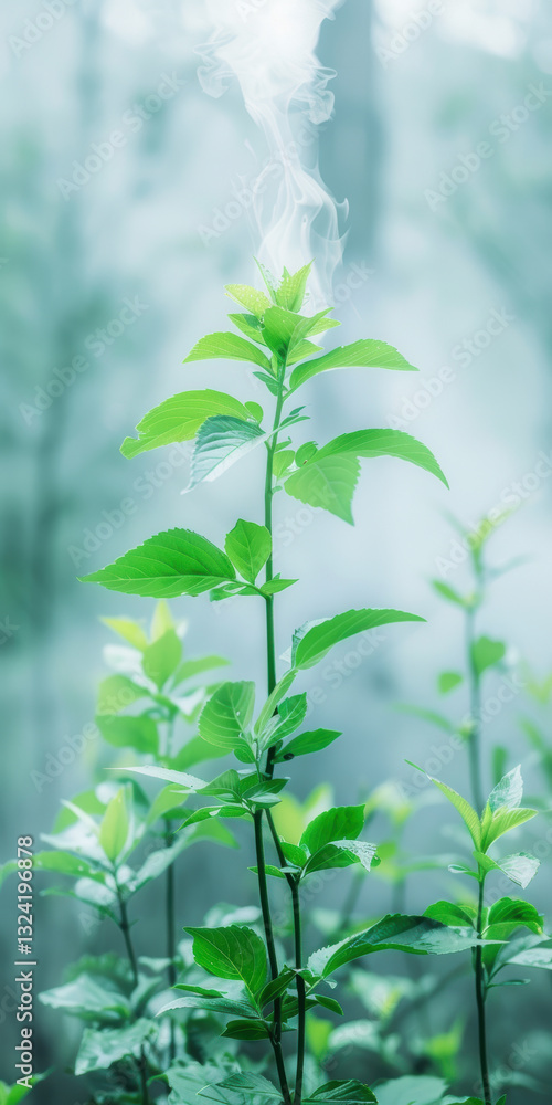 Obraz premium Fresh green plant stalks with mist in a sunlit forest atmosphere