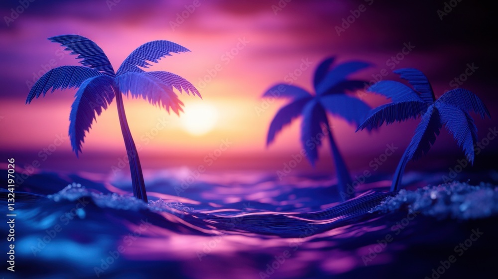 Obraz premium Exotic island retreat with deep magenta and cyan summer sunset gentle sea breeze and artistic 3D paper cut palm trees.