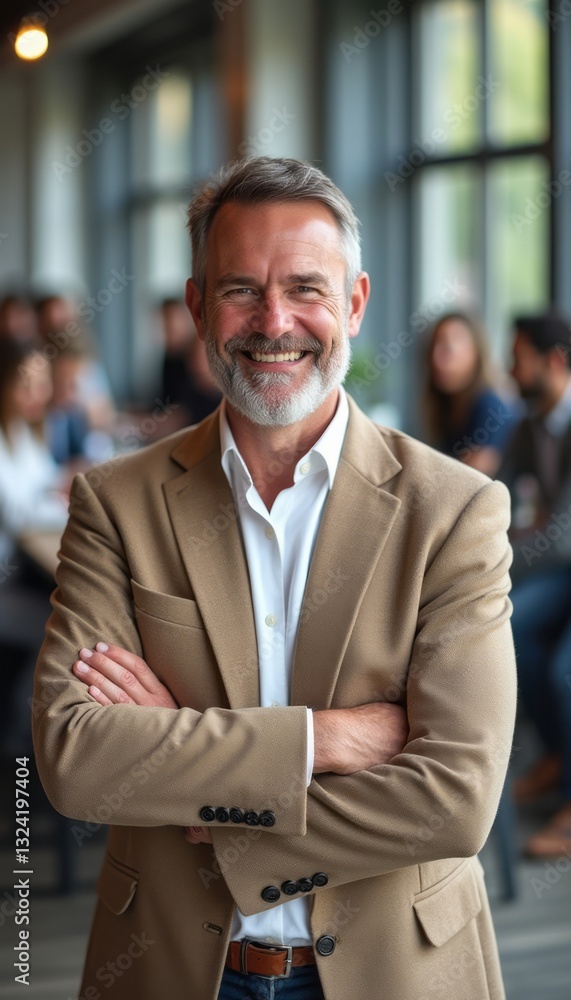 Fototapeta premium A distinguished middle-aged man with a well-groomed beard stands confidently with arms crossed, exuding warmth and professionalism. The background features a lively office atmosphere, hinting at
