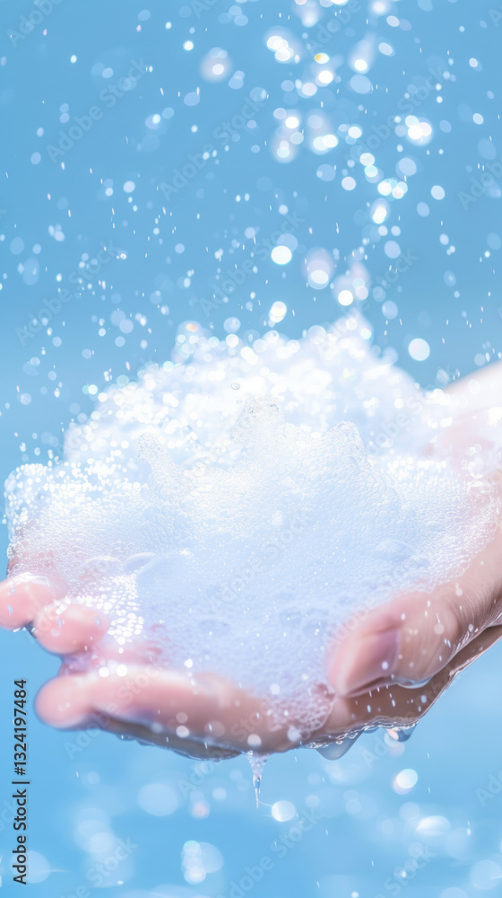 Close up of a hand holding foamy bubbles against a sparkling blue background in sunlight Close up of a hand holding foamy bubbles against a sparkling blue background in sunlight