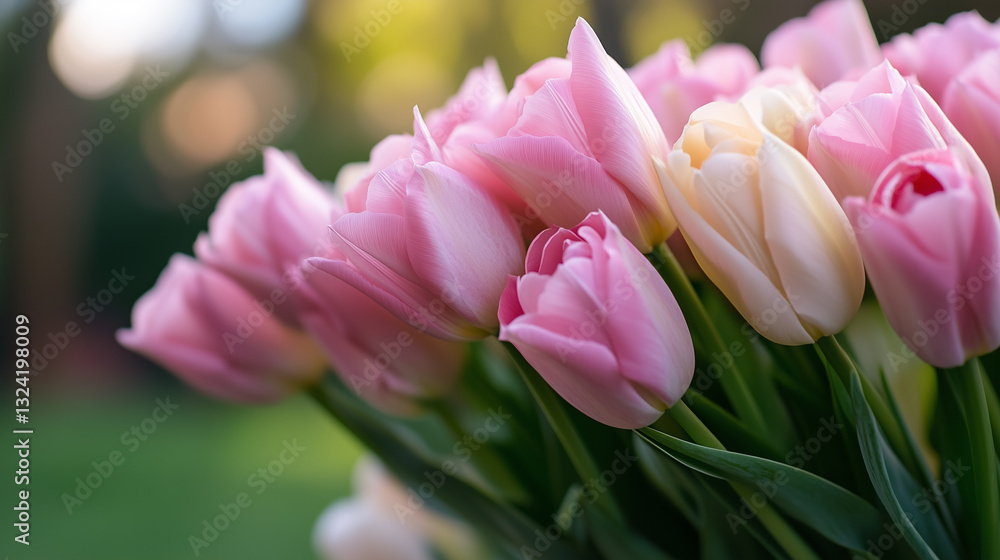 Fototapeta premium Beautiful bouquet of pink and white tulips blooming outdoors with soft, natural sunlight in the background.