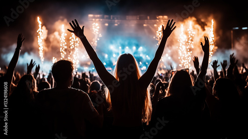 Crowd enjoying fireworks at a lively night concert.