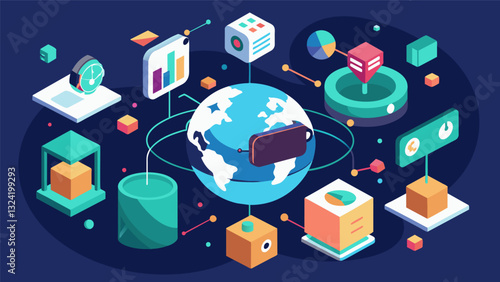 Get lost in a virtual world that evolves and adapts in realtime thanks to the constant flow of data infusion.. Vector illustration