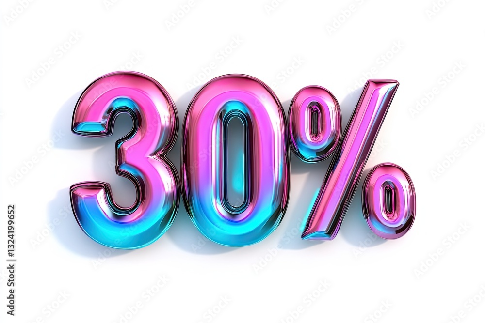 3D text 30 percent in metallic liquid vibrant color gradients glossy finish metallic reflections isolated on a white 3D text 30 percent in metallic liquid vibrant color gradients glossy finish metallic reflections isolated on a white