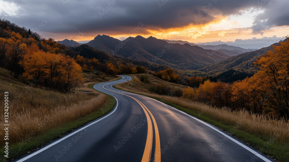 Winding road through autumn mountains at sunset.