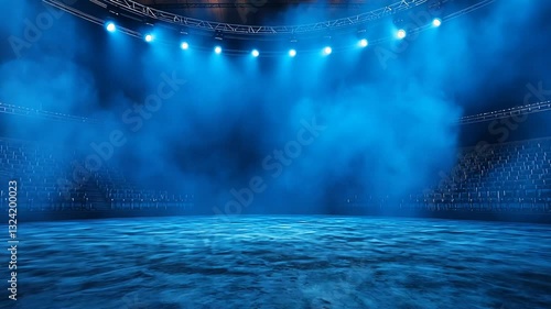 Vibrant blue stage lights and fog in an empty arena setting