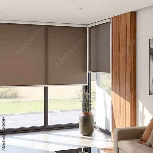 A modern interior featuring large roller blinds and automatic solar shades, complemented by wooden decor panels that add warmth to the space
