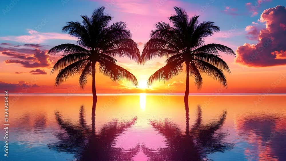 A serene sunset over calm waters, featuring two palm trees silhouetted against a colorful sky. Concept Serene Sunset, Calm Waters, Palm Trees Silhouette, Colorful Sky, Tranquil Landscape A serene sunset over calm waters, featuring two palm trees silhouetted against a colorful sky. Concept Serene Sunset, Calm Waters, Palm Trees Silhouette, Colorful Sky, Tranquil Landscape
