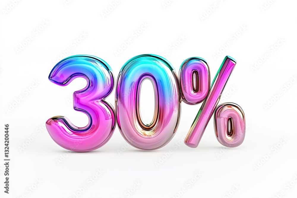3D text 30 percent in metallic liquid vibrant color gradients glossy finish metallic reflections isolated on a white 3D text 30 percent in metallic liquid vibrant color gradients glossy finish metallic reflections isolated on a white