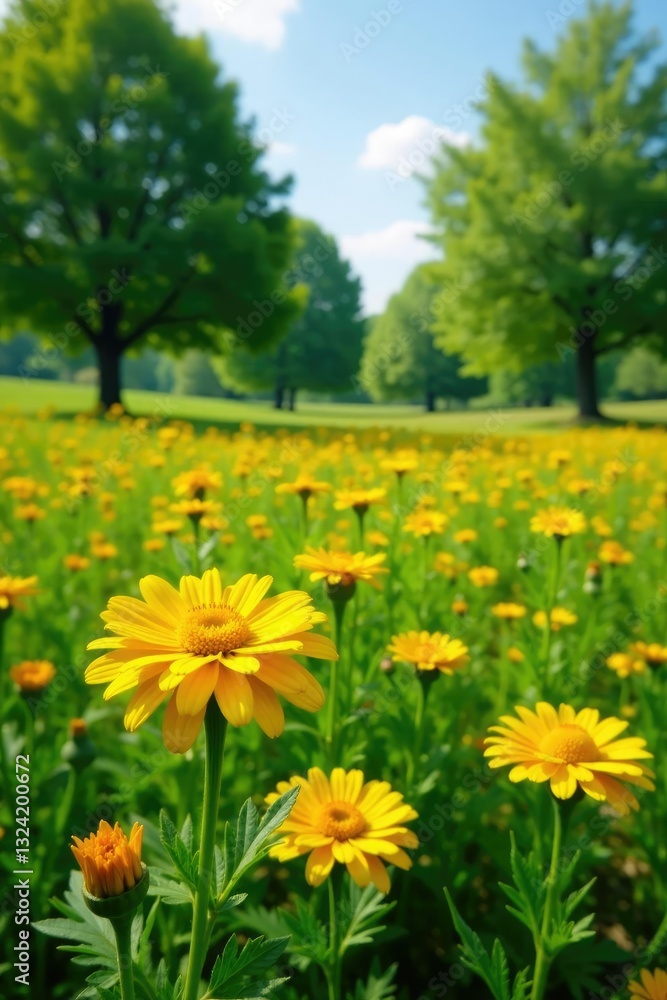 Yellow calendula flowers blooming in a lush green field with a few trees, summer, garden Yellow calendula flowers blooming in a lush green field with a few trees, summer, garden
