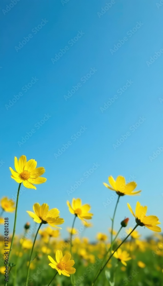 Yellow flowers stretching towards the clear blue sky, natural, landscape, blue Yellow flowers stretching towards the clear blue sky, natural, landscape, blue