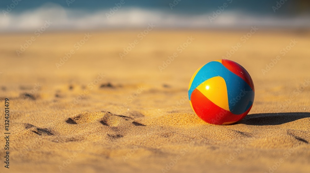 Colorful beach ball rests on sandy beach near ocean. Colorful beach ball rests on sandy beach near ocean.