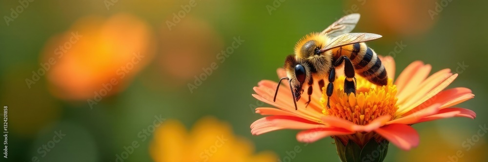 Yellow striped bee gathering nectar from colorful flowers, flowers, bees, nature Yellow striped bee gathering nectar from colorful flowers, flowers, bees, nature