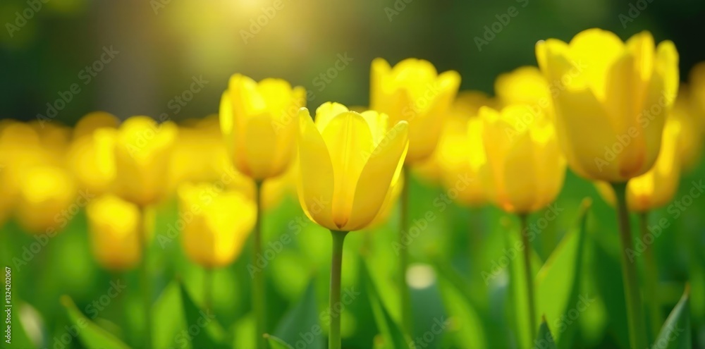Yellow tulips amidst soft green grass and leaves, sunshine, blades, blooming Yellow tulips amidst soft green grass and leaves, sunshine, blades, blooming