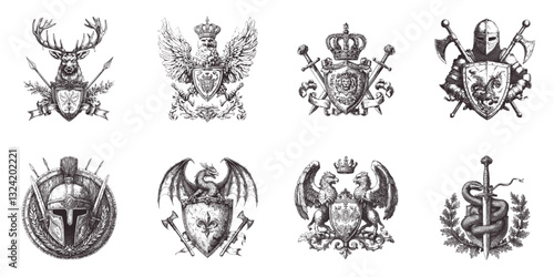 Heraldic collection of fantasy medieval coat of arms, crests and insignias decoration elements