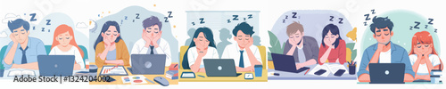 Vector of Man and woman sleeping while working