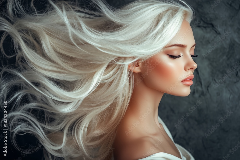 Naklejka premium Beautiful girl with hair coloring in ultra blond. Stylish hairstyle done in a beauty salon. Fashion, cosmetics and makeup