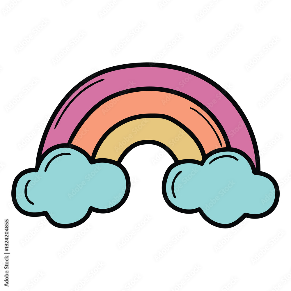 Hand drawn cartoon rainbow on clouds on white background. Hand drawn cartoon rainbow on clouds on white background.