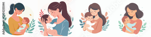 Vector of Young mother hugging her baby with love and affection