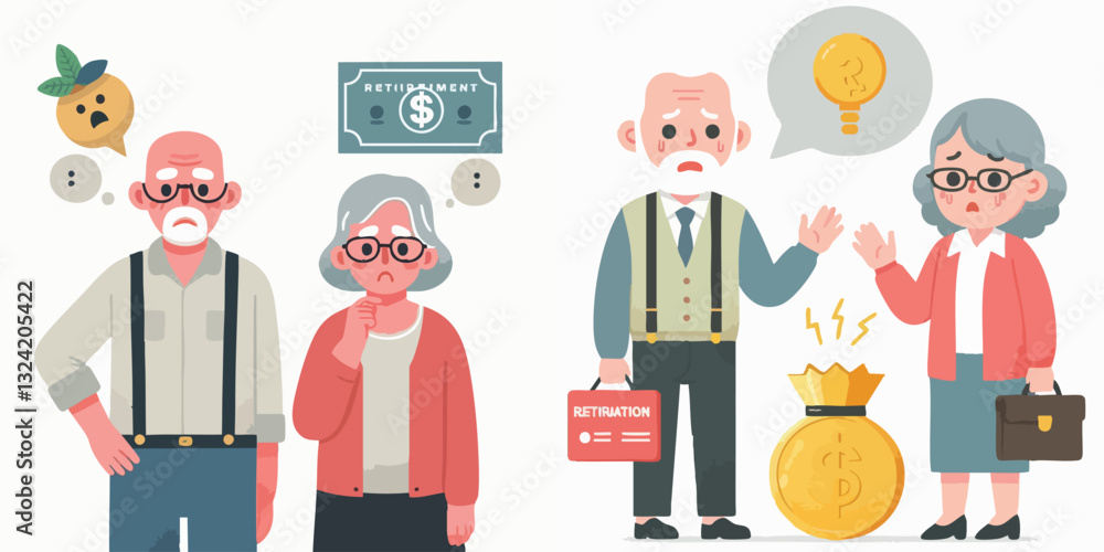 Vector of Grandparents worry about retirement problems anxiety illustration Vector of Grandparents worry about retirement problems anxiety illustration